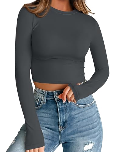 Trendy Queen Womens Long Sleeve Crop Tops Basic Slim Fitted Shirts Casual Fashion 2025 Going Out Y2k Tops Teen Girl Clothes Gray L