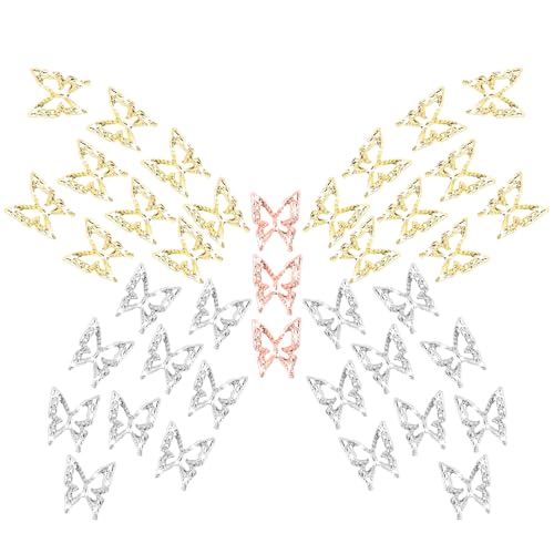 Amaxiu 80 Pièces Breloques pour Ongles Papillon 3D, Breloques en Forme de Papillons en Alliage Doré Argent Strass pour Ongles Décorations Art des Ongles Fournitures Bijoux pour Ongles Accessoires