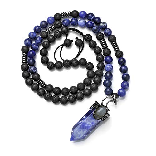 Top PlazaNatural Stone Healing Crystal Sodalite Hexagonal Pointed Gemstone Pendant Necklace Crescent Moon Jewelry Adjustable Lava Rock Beads Necklaces for Women Men