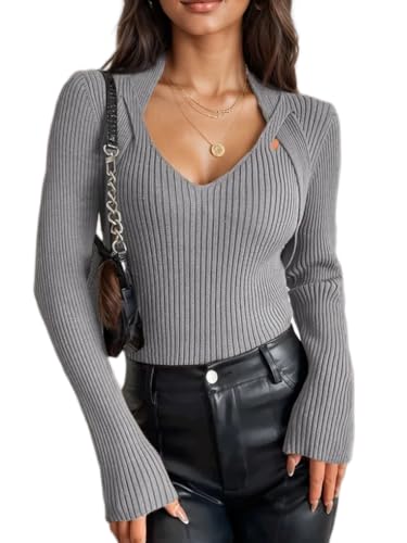 Women Long Sleeve V Neck Sexy Wrap Sweaters Ribbed Knit Slim Fitted Fall Fashion Sweater Tops for Women