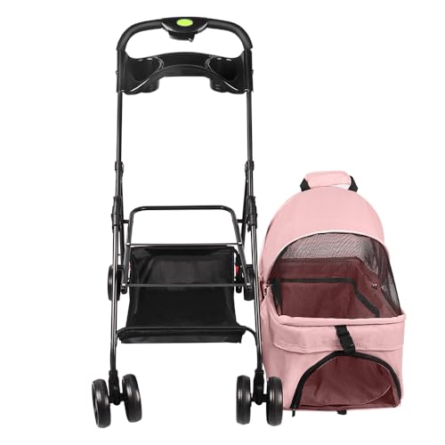 Passeggino 3 in 1 per cani e gatti, pieghevole con manico regolabile, 4 ruote, rete traspirante, grande capacità, facile da trasportare, 50 x 65 x 99 cm, rosa