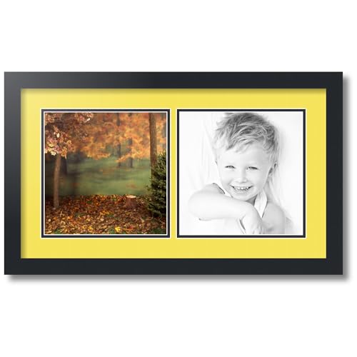 ArtToFrames Collage Photo Frame Double Mat with 2-9x9 Openings with Satin Black Frame and Canary mat.