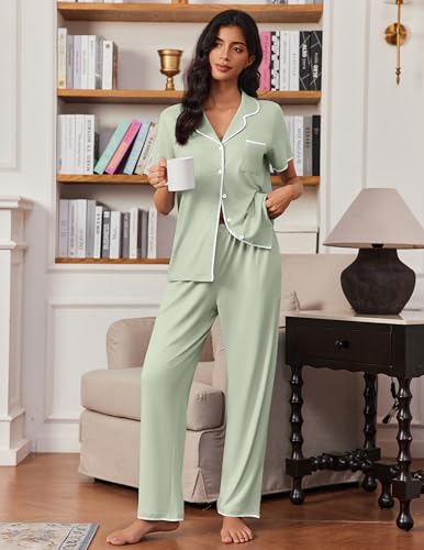 Image of Ekouaer Pajamas for Women Set Button Up Soft Pjs Short Sleeve 2 Piece Lounge Sets Comfy Sleepwear
