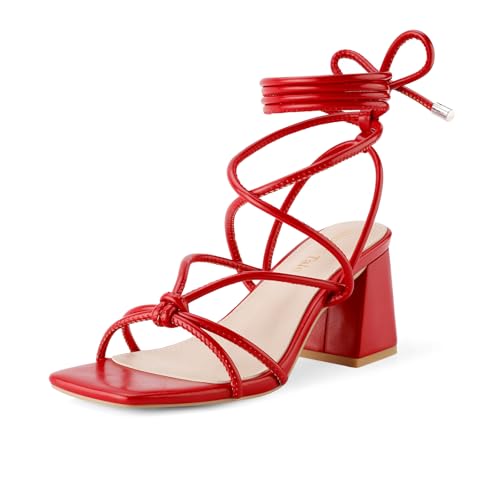 Image of Shoe'N Tale Lace Up Heels for Women Ankle Strappy Gladiator High Heeled Sandals Chunky Block Heel Square Open Toe Criss Cross Dress Shoes