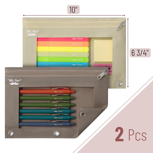 Image of Mr. Pen- Pencil Pouch for 3 Ring Binder, 2 Pack, 10 inchx6.75 inch, Smooth Zipper | Clear Window, Large Capacity Pencil Case with 3 Reinforced Grommets for School, Office, Supplies Storage | Clear Window, Large Capacity Pencil Case with 3 Reinforced Grommets for School, Office, Supplies Storage