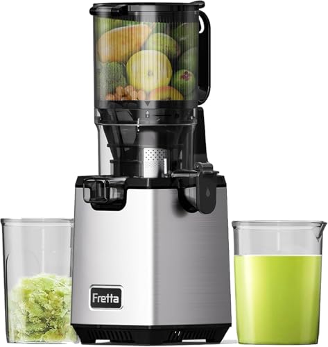 Fretta Slow Juicer Spremiagrumi per frutta e verdura Vincitore del test, 250 W, grigio acciaio inox, spremiagrumi elettrico, spremiagrumi a freddo, con apertura grande da 130 mm, facile da pulire