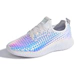 LUCKY STEP Women's Metallic Fashion Sneaker Leatherette Studded Jogger Lightweight Casual Walking Shoes(Hologram White,9 B(M) US)