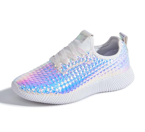 LUCKY STEP Women's Metallic Fashion Sneaker Leatherette Studded Jogger Lightweight Casual Walking Shoes(Hologram White,8 B(M) US)