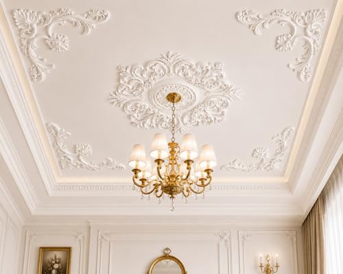 Sicrifety 40 Inch Large Ceiling Medallion for Chandelier, with 4-Pcs Large Ceiling Molding Kit for Ceiling, Wall, Door & Furniture Decor, Ceiling Molding Set for Living Room, Bedroom, Hotel Decor
