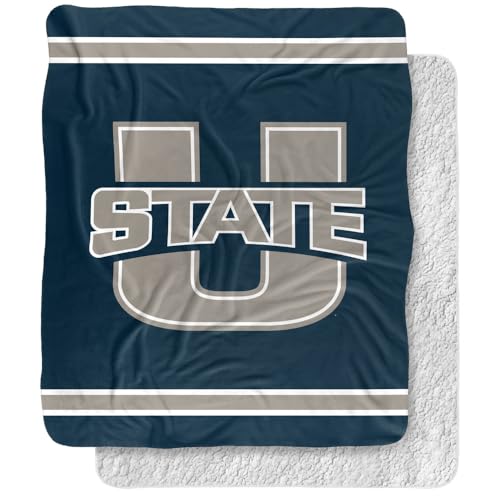 Utah State University Blanket, 50"x60" Primary Logo Stripes Silky Touch Sherpa Back Super Soft Throw Blanket
