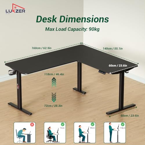 Image of Lukzer L-Shape Electric Height Adjustable Desk with USB & Type-C Digital Display Advance Memory Preset Sit Stand Home Office Table (EST-001 /UC-Black & Black /160 x 140 cm) DIY with 3 Years Warranty