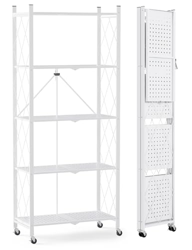 ALANNG Klappregal mit Rädern - Standregal mit 5 Ablagen, Bücherregal aus Metall - Montagefrei & Stabil - Für Küche, Wohnzimmer, Keller, Büro - Weiß ALANNG Klappregal mit Rädern - Standregal mit 5 Ablagen, Bücherregal aus Metall - Montagefrei & Stabil - Für Küche, Wohnzimmer, Keller, Büro - Weiß