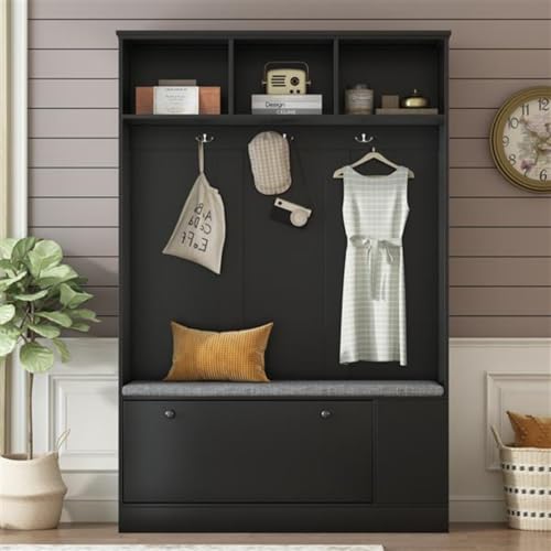Zapatero de 120 cm de Ancho con Banco de Entrada, Perchero con Cojines y 3 Ganchos Resistentes, Ideal para Pasillo, Entrada y Sala de Estar, Color Negro.