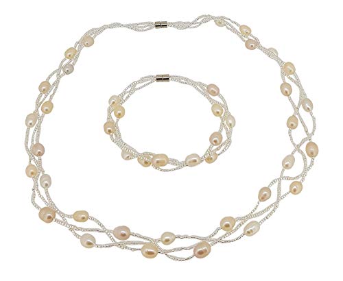 Preisvergleich Produktbild Schmuckset Halskette Armband und Ohrringe Süßwasserperlen Rosa