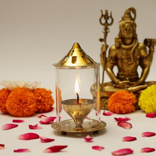 Klassic 4 Inch Navjyoti Akhand Diya with Borosilicate Glass Shade | Pure Brass Oil Lamp for Mandir, Pooja, Daily Prayer, Diwali, Prayer Room, Wick Holder Festive Decoration & Gifting.(Pack of 1)