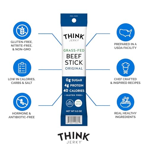 Think Jerky Original Beef Sticks, Gluten and Sugar Free, No Nitrates, Keto Paleo Friendly High Protein Low Carb Meat Snack - 0.5 oz Sticks, 20 Pack