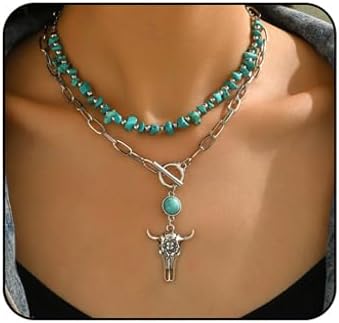 Boho Western Necklaces for Women Vintage Turquoise Beaded Choker Necklace Layered Ox-head Pendant Necklaces Country Concert Cowgirl Dresses Jewelry Accessories