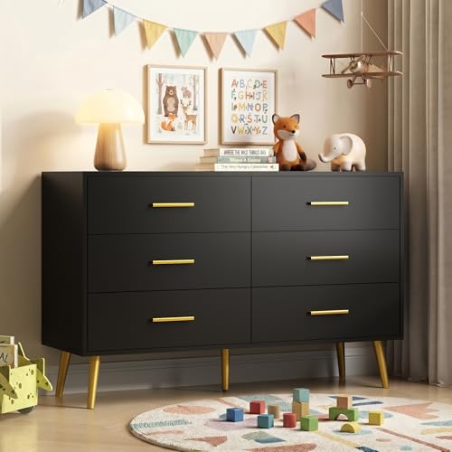 Image of Black 6 Drawer Dresser for Bedroom, 47 inch Wood Dresser with Gold Handles.