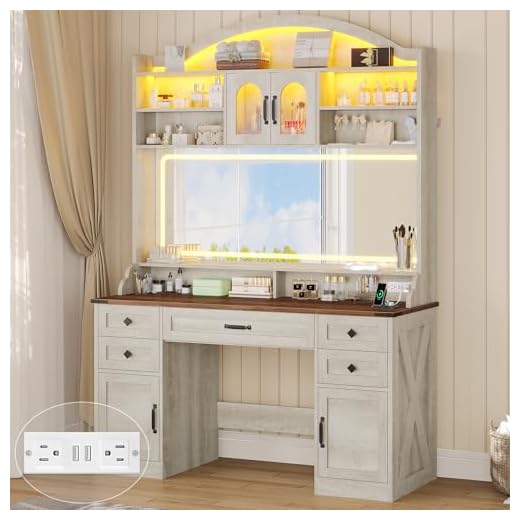 Dnxao 76.8" Vanity Desk,Makeup Vanity with Mirror and Lights 3 Colors, Farmhouse Vanity with 5 Drawer,Storage Cabinets,LED Light,Dressing Table with Power Outlets, Storage Shelves,Antique White