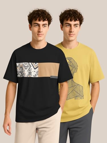 Image of BULLMER Trendy Half Sleeve Oversized Cotton Blend Crew Neck Tshirt for Men - Pack of 2