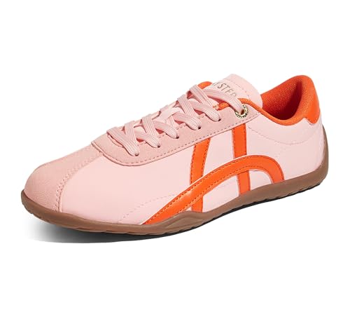 LUCKY STEP Women's Casual Walking Shoes Thin Sole Trendy Stylish Trainer Lightweight Footwear Suede Fashion Sneaker(Pink/Orange,9)