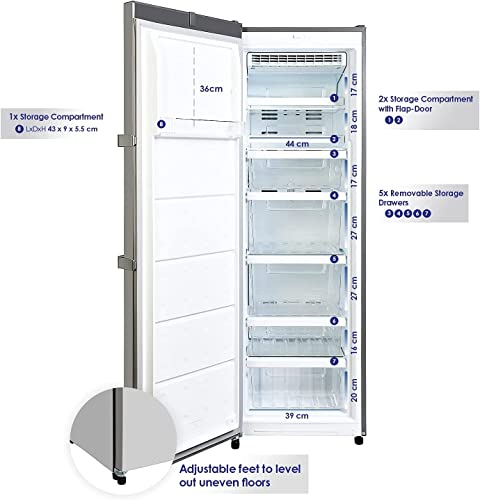 مجمد رأسي من سوبر جنرال موديل KSGUF401NFP، فري ستاندينج، باب يفتح من اليسار، لون فضي، مع تحكم ديجيتال وإضاءة LED ورفوف زجاج مقسى، سعة 260 لتر