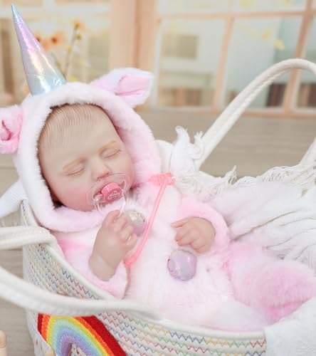Image of Reborn Baby Doll Girl, 20 Inch Realistic Full Body Vinyl Baby Doll | Lifelike hand-painted details, closed eyes, removable fantasy horn outfit, gift for girls ages 3+, pretend play & collectors