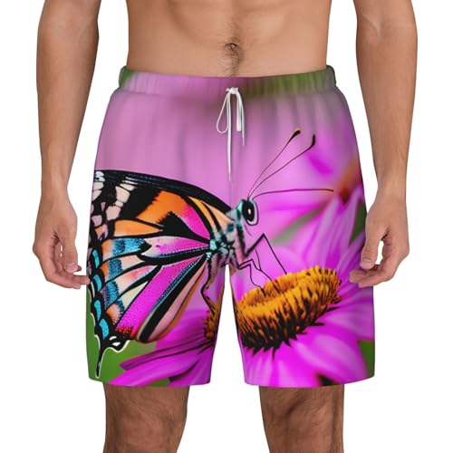 Floral with Butterfly Men's Soft Double Swim Shorts, Lounge Swiming Shorts Pants Breathable Summer