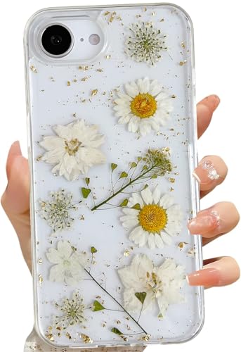 LSEEKA for iPhone 16e 17e Clear Case with Pressed Real Flowers Design,Glitter Cute White Floral Pattern Slim Soft TPU Protective Women Girl's Phone Cover for iPhone 16e 17e