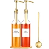 LemonRoad 2 Pack Coffee Syrup Dispenser for Coffee Bar 25.4 oz 750ml Plastic Syrup Dispenser Bottles with Bamboo Tray Pumps Scoop and Labels for Kitchen Bar Accessories
