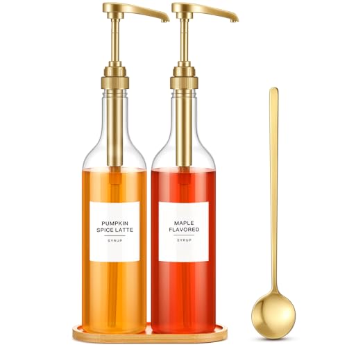 LemonRoad 2 Pack Coffee Syrup Dispenser for Coffee Bar 25.4 oz 750ml Plastic Syrup Dispenser Bottles with Bamboo Tray Pumps Scoop and Labels for Kitchen Bar Accessories