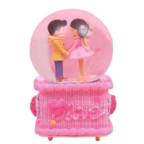 Caja de música bola de cristal adorno con estatua de pareja y nieve