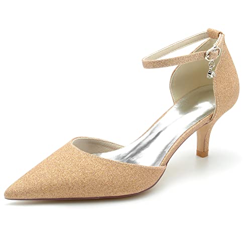 Women's Kitten mid Heeled Wedding Shoes for Bride Pointy Toe Glitter Bridal Shoes Dress Party Dressy Pumps