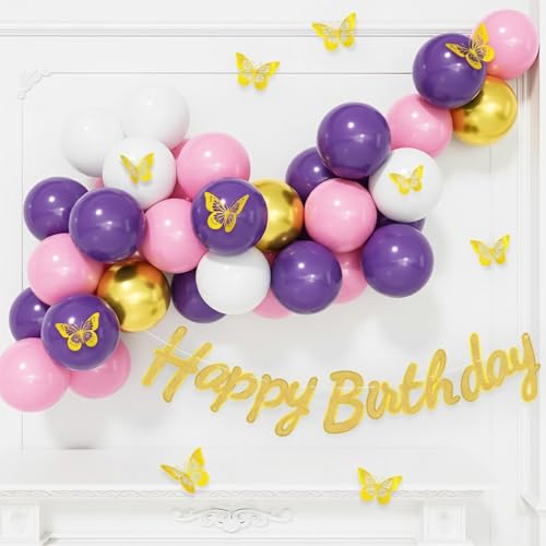 Image of Rozi Decoration Butterfly Theme Balloon Decoration Kit with Happy Birthday Banner for Girls Birthday, Pink Purple White Chrome Gold Balloons Set for Home Celebration and Party Decor Pack of 43 Pcs