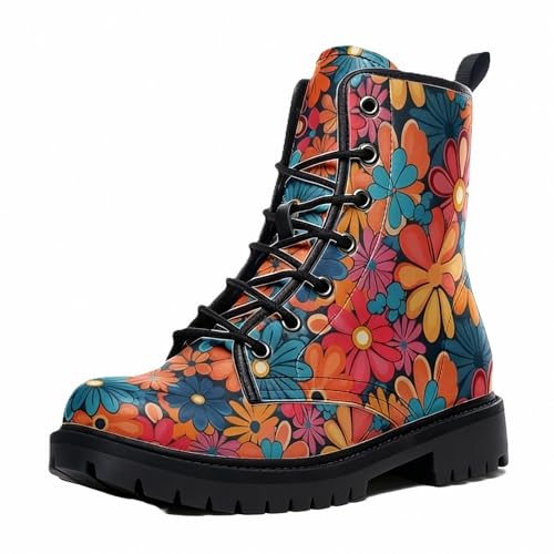 Maimeili Bottines Imprimées Femme à Motifs Fleurs Dragons Graffiti Décoratifs Style Florale Plateforme Lacets Cuir Bottes Combat Décontracté Quotidien...