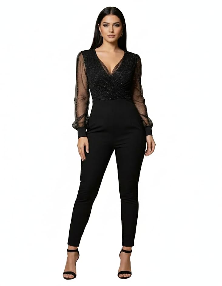 Macacão Feminino Longo Elegante Alfaiataria para Festa Casamento Noite Brilho Luxo-Macacao Social Preto Malha Tule com Manga Aniversário Natal Moderno Chique