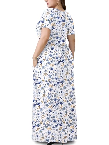 Image of PEVRL Plus Size Summer Maxi Dress for Curvy Women with Pockets 1X-5X | Short Sleeve, Twisted Front V-Neck, Summer Casual A Line Flowy Dress, Empire Waist Floral Print Beach Vacation Long Dress