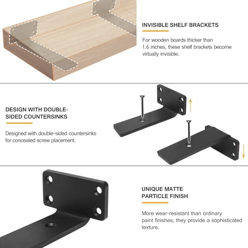 HITOMEN Heavy Duty Floating Shelf Brackets, 5-Inch (1/5'' Thick) Hidden Shelves Hardware, Iron L Brackets, Rustic Industrial Black Metal Wall Shelving Supports, 4 Pack by HITOMEN - Image 4