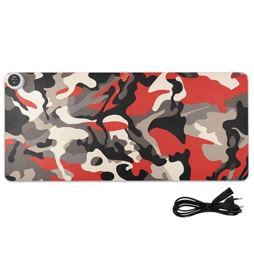 Alfombrilla de ratón grande con calefacción de poliuretano rojo camuflaje, 31.5 x 13 pulgadas, calentador de manos, escritorio mate para computadora, juegos, estudio
