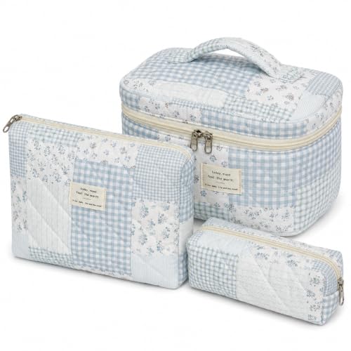 GISMTR 3Pcs Makeup Bag Set Cotton Quilted Travel Cosmetic Bag Floral Toiletry Bag for Women Girls