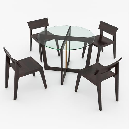 Image of Sheesham Wood 4 Seater Round Dining Table with 4 Cushion Chair for Living Room Home Solid Wood Glass Top Dining Table Set for Restaurants Hotels Wooden Dining Furniture (Walnut Finish)