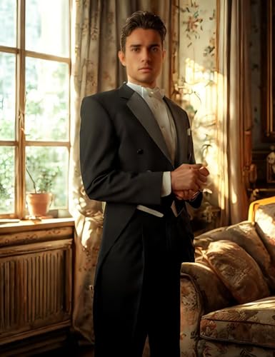 Mens Suits 3 Piece Swallow Tailcoat Slim Fit Double Breasted Tailed Coat for Performance Wedding Proms, Black, 2XL3