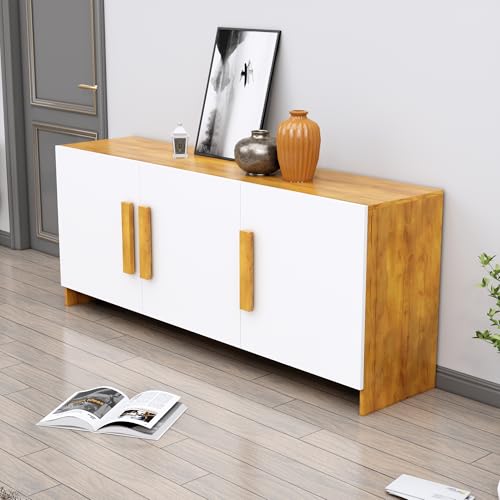 Image of Bniture Wooden Storage Cabinet for Living Room Large | Wooden Sideboard Cabinet with 3 Door | Multipurpose Storage Cabinet Organizer for Home Hallway, Bedroom & Kitchen | Giant Wood & Frosty White