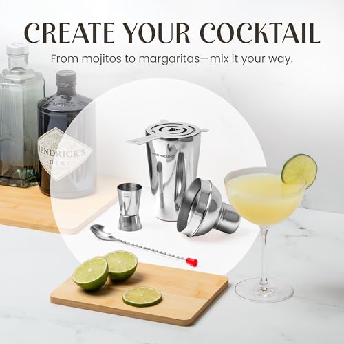 Modern Mixology Cocktail Shaker Set - 8 Piece Bartender Kit on Quality Pine Stand | Complete Cocktail Kit Gift Set | Top Bartender Gifts for Men | Leak Proof Design (Silver)