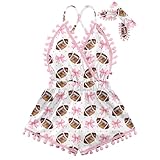 UNICOMIDEA Baby Girl Clothes 18-24 Months Backless Fashion Football Print Infant Bodysuit with Bow-Knot Headband Light Pink Summer Adjustable Strap Newborn Romper Party Gift