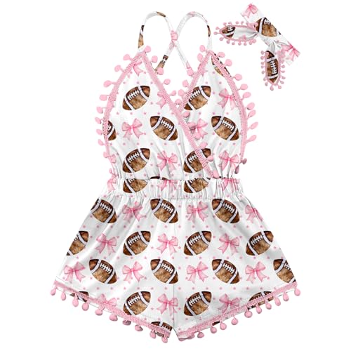 UNICOMIDEA Baby Girl Clothes 18-24 Months Backless Fashion Football Print Infant Bodysuit with Bow-Knot Headband Light Pink Summer Adjustable Strap Newborn Romper Party Gift