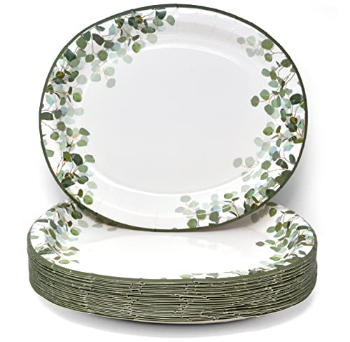 50 Count Eucalyptus Greenery Oval Paper Plates 10" X 12" Large Disposable Platters Party Goods Set Green Leaves Floral Design Serving Dish Tray For Spring Dinner Wedding Party Tableware Supplies Decor #TOP1