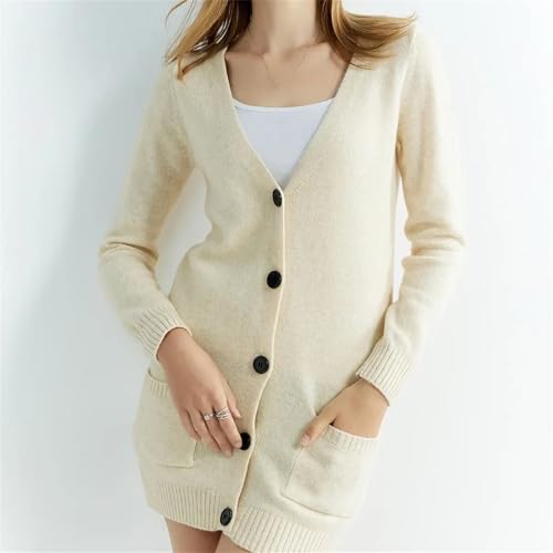 Women Merino Wool Cardigan Sweaters Long Sleeve V-Neck Single Breasted Knitwear Cardigan Coat with Pocket3