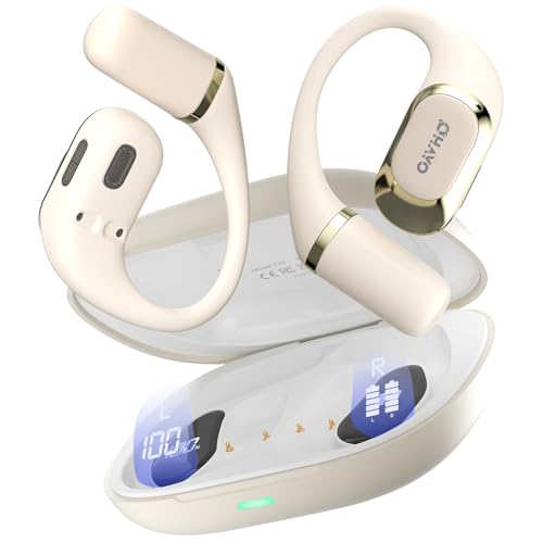 OHAYO T10 Open Ear Kopfhörer – 40H Laufzeit, Bluetooth 5.4, IPX6 wasserdicht, 8g Ultraleicht, Digital Display, sicherer Sitz für Laufen/Fahrradfahren/Gym/Sport, Schwarz, Weiß