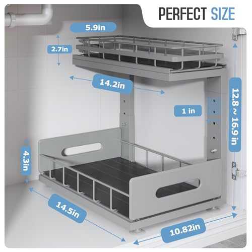 Image of Under Sink Organizer Upgrade To Professional Rails,2-Tier Dual Pull Out Cabinet Storage,Height Adjustable Slide Out Drawers For Bathroom Kitchen,2 Pack-14.5 inchDx12.8 inch-16.9 inchH,Gun Gray